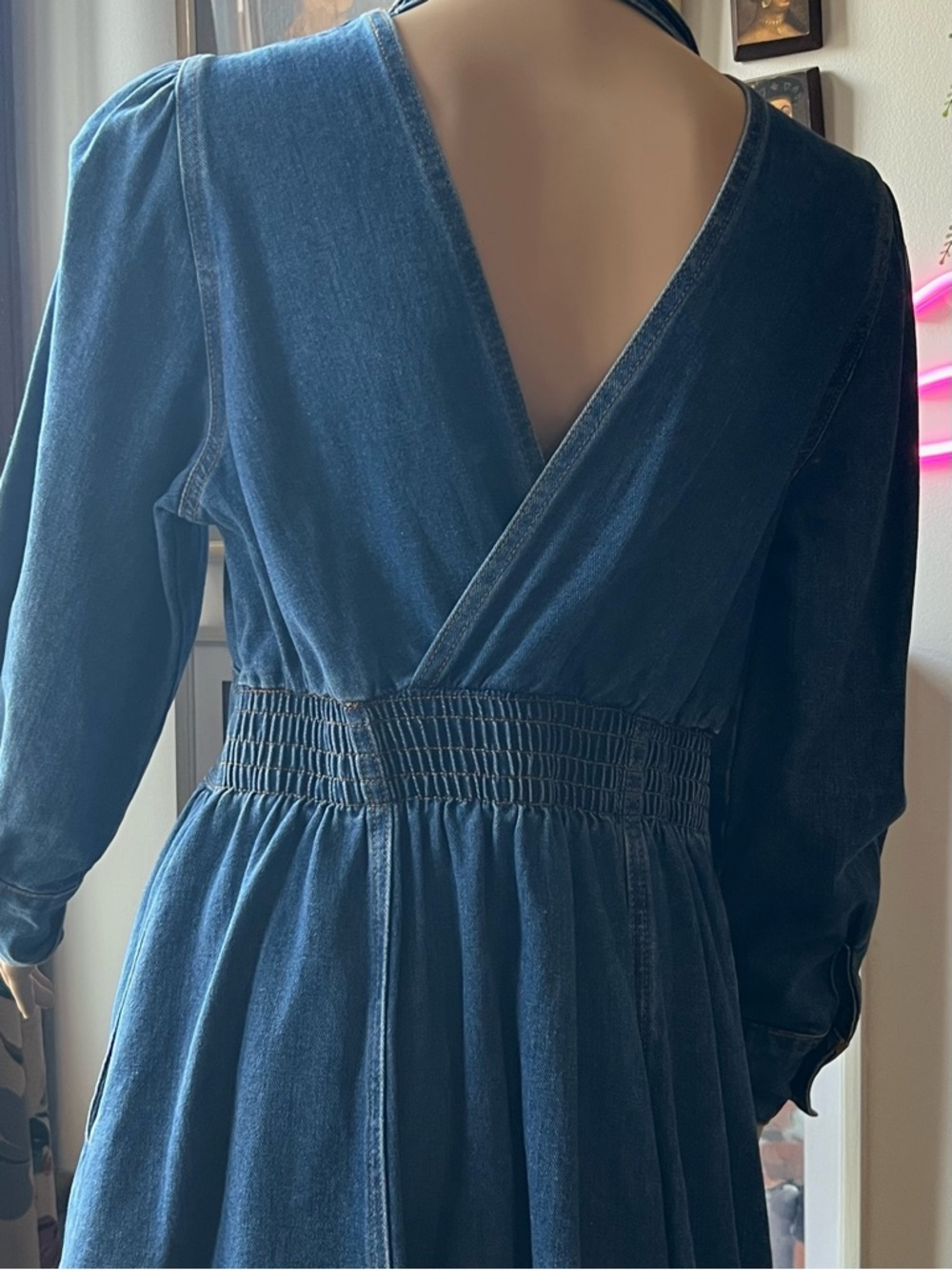 Dark Blue Denim Long-Sleeve Button-Corset Waist Open back A-line Dress - Picture 12 of 16
